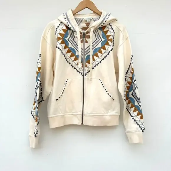 Sundance Embroidered Cotton Hoodie Sweatshirt Cream Southwestern Medium - Picture 2 of 9